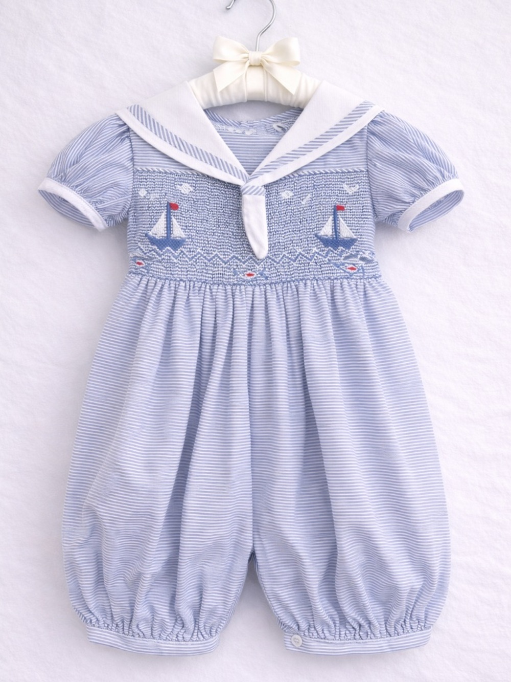 VINTAGE Friedknit Creations 12M Smocked Sailboat Bubble Romper Nautical w Sash